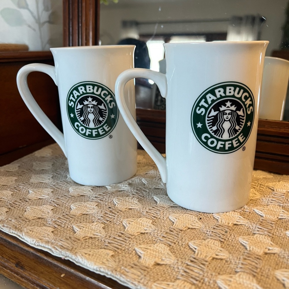 STARBUCKS‎ Vintage 2006 Tall Logo Ceramic Mug White Green Ceramic *SET OF TWO*